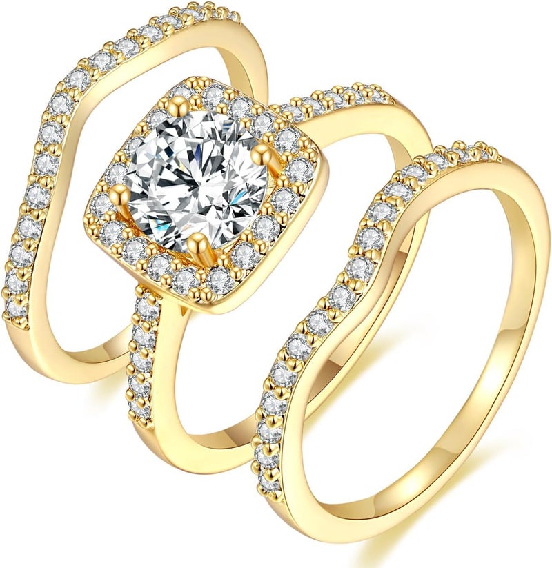 MDFUN 18K Yellow Gold Plated Cubic Zirconia Three-in-One Halo Wedding Engagement Promise Eternity Ring for Women - Image 1